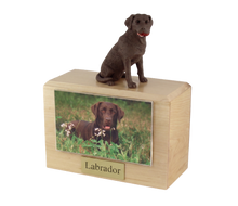 Urna de madera para mascotas con figura de border terrier sentado y portafotos de 8,9 x 12,7 cm