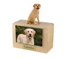 Urna de madera para mascotas con figura de border terrier sentado y portafotos de 8,9 x 12,7 cm