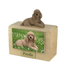 Urna de madera para mascotas con figura de caniche gris acostado y portafotos de 4 x 6 pulgadas