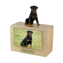 Urna de madera para mascotas con figura de rottweiler sentado y portafotos de 10 x 15 cm