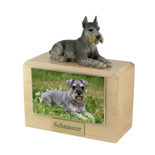 Urna de madera para mascotas con figura de Schnauzer negro y plateado con orejas hacia arriba y portafotos de 4 x 6 pulgadas