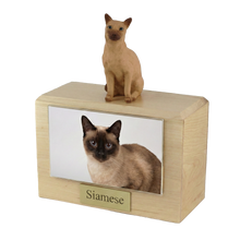 Wooden Pet Urn with Sitting Tan Siamese Figurine & 4x6 Inches Photo Holder