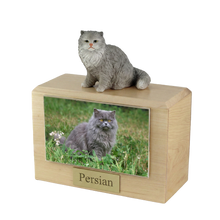 Wooden Pet Urn with Sitting Grey Persian Figurine & 4x6 Inches Photo Holder