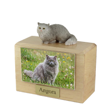 Wooden Pet Urn with  Sitting Grey Angora Figurine & 4x6 Inches Photo Holder