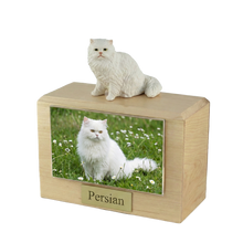 Wooden Pet Urn with Sitting White Persian Figurine & 3.5x5 Inches Photo Holder