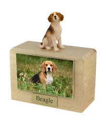 Wooden Pet Urn with Sitting Beagle Figurine & 4x6 Inches Photo Holder