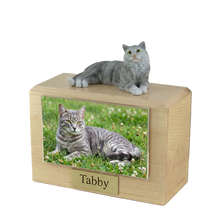 Wooden Pet Urn with Lying Down Gray Tabby Figurine & 4x6 Inches Photo Holder