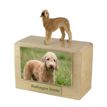 Wooden Pet Urn with Standing Tan Bedlington Terrier Figurine & 4x6 Inches Photo Holder