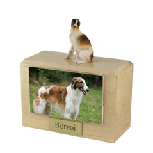Wooden Pet Urn with Sitting Borzoi Figurine & 4x6 Inches Photo Holder
