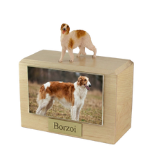 Wooden Pet Urn with Standing Borzoi Figurine & 4x6 Inches Photo Holder