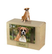 Wooden Pet Urn with Sitting Boxer Ears-Down Figurine & 4x6 Inches Photo Holder