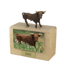 Wooden Pet Urn with Standing Brown Bull Figurine & 4x6 Inches Photo Holder