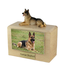 Wooden Pet Urn with German Shepherd Tongue Out Figurine & 4x6 Inches Photo Holder