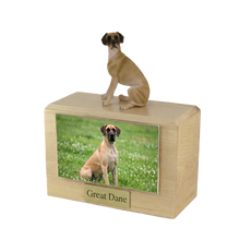 Wooden Pet Urn with Sitting Fawn Great Dane Ears-Down Figurine & 4x6 Inches Photo Holder