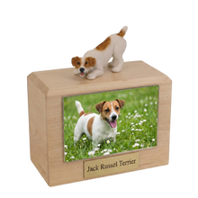 Wooden Pet Urn with Play Bow Brown Jack Russel Terrier Figurine & 4x6 Inches Photo Holder