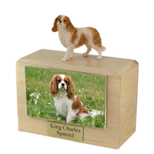 Wooden Pet Urn with Standing King Charles Spaniel Figurine & 4x6 Inches Photo Holder