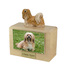 Wooden Pet Urn with Standing Lhasa Apso Figurine & 4x6 Inches Photo Holder