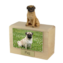 Wooden Pet Urn with Sitting Pug Figurine & 4x6 Inches Photo Holder