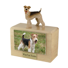 Wooden Pet Urn with Standing Wire Fox Terrier Figurine & 4x6 Inches Photo Holder