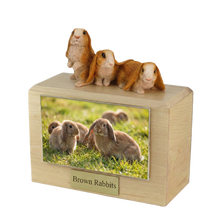 Wooden Pet Urn with Three Brown Rabbits Side By Side Figurine & 4x6 Inches Photo Holder