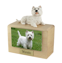 Wooden Pet Urn with Lying Down Westie Figurine & 4x6 Inches Photo Holder