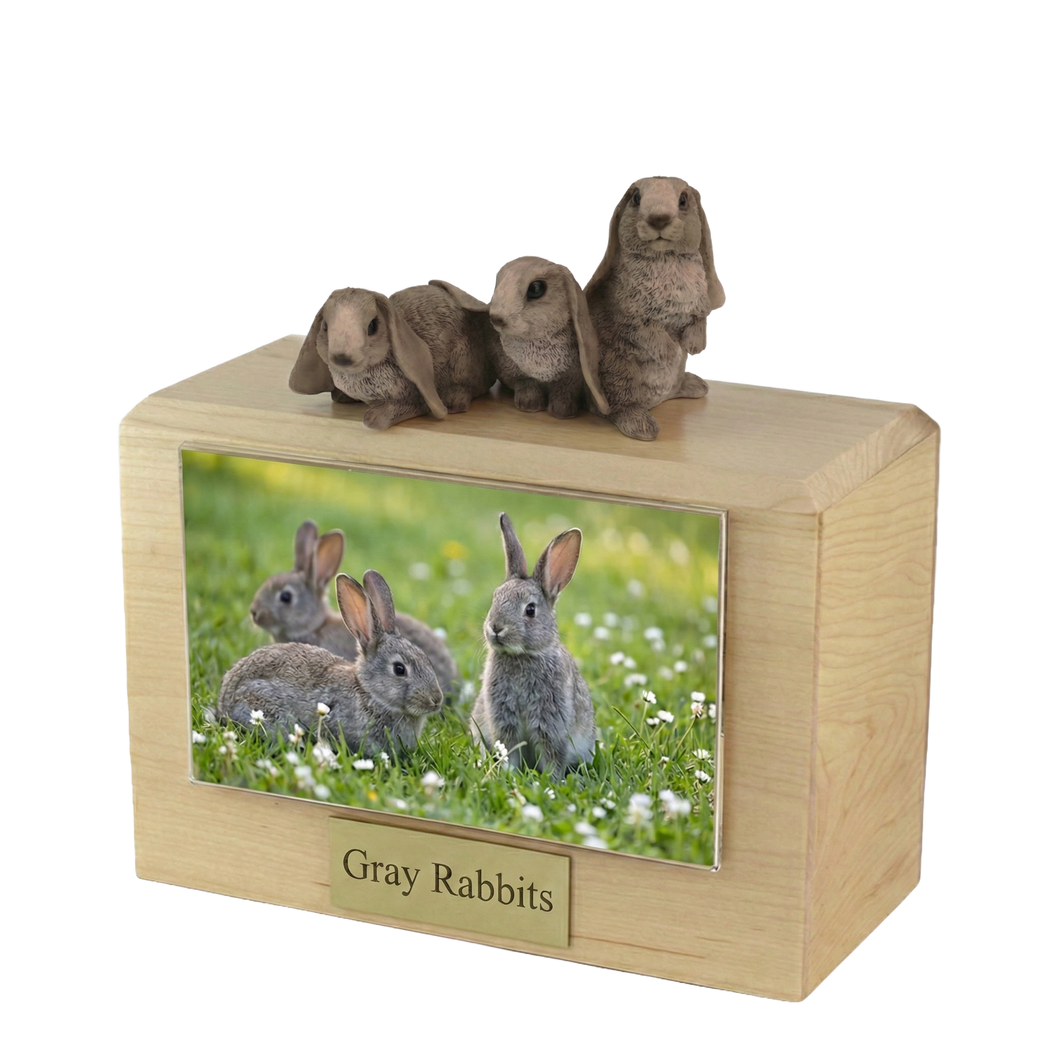 Wooden Pet Urn w/ Gray Three Rabbits Side By Side Figurine & 4x6 Photo ...