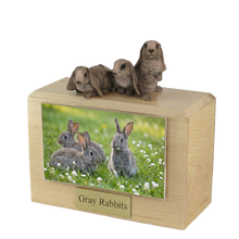 Wooden Pet Urn with Gray Three Rabbits Side By Side Figurine & 4x6 Inches Photo Holder
