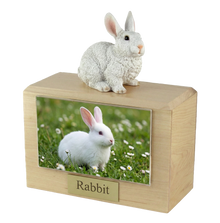 Wooden Pet Urn with Sitting White Rabbit Figurine & 4x6 Inches Photo Holder