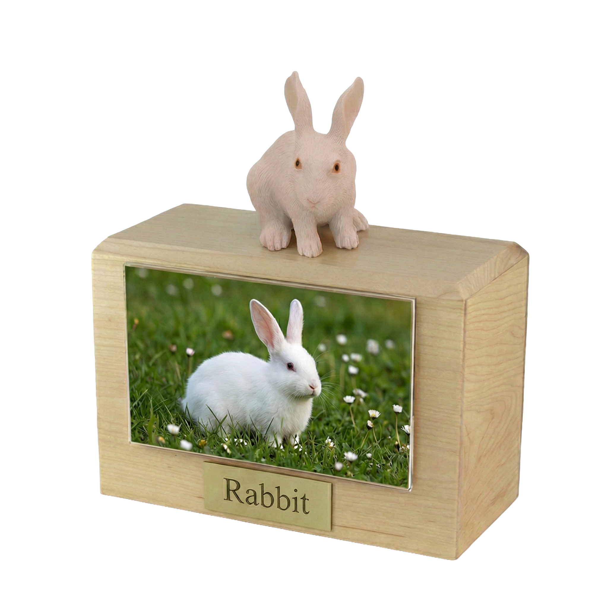 Wooden Pet Urn w/ Alert Sitting White Rabbit Figurine & 4x6 Photo ...