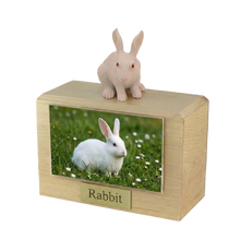 Wooden Pet Urn with Alert Sitting White Rabbit Figurine & 4x6 Inches Photo Holder
