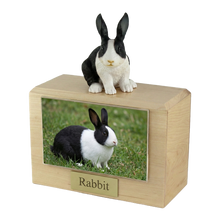 Wooden Pet Urn with Sitting Black and White Rabbit Figurine & 4x6 Inches Photo Holder