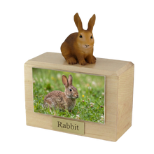 Wooden Pet Urn with Alert Sitting Brown Rabbit Figurine & 4x6 Inches Photo Holder