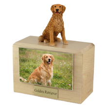 Wooden Pet Urn with Sitting Golden Retriever with White Paw Figurine & 4x6 Inches Photo Holder