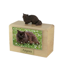 Wooden Pet Urn with Standing Bronze Angora Figurine & 4x6 Inches Photo Holder