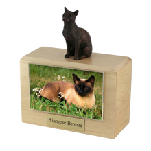 Wooden Pet Urn with Sitting Bronze Siamese Figurine & 4x6 Inches Photo Holder