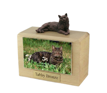 Wooden Pet Urn with Lying Down Bronze Tabby Figurine & 4x6 Inches Photo Holder