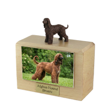 Wooden Pet Urn with Standing Bronze Afghan Hound Figurine & 4x6 Inches Photo Holder