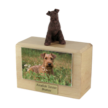 Wooden Pet Urn with Sitting Bronze Airedale Terrier Figurine & 4x6 Inches Photo Holder