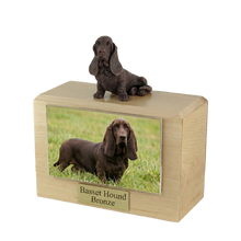 Wooden Pet Urn with Sitting Bronze Basset Hound Figurine & 4x6 Inches Photo Holder