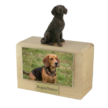 Wooden Pet Urn with Sitting Bronze Beagle Figurine & 4x6 Inches Photo Holder