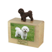 Wooden Pet Urn with Standing Bronze Bichon Frise Figurine & 4x6 Inches Photo Holder