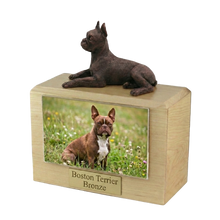 Wooden Pet Urn with Lying Down Bronze Boston Terrier Figurine & 4x6 Inches Photo Holder