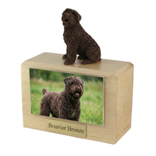 Wooden Pet Urn with Sitting Bronze Bouvier Figurine & 3.5x5 Inches Photo Holder