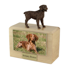 Wooden Pet Urn with Standing Bronze Brittany Figurine & 4x6 Inches Photo Holder