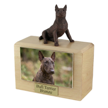 Wooden Pet Urn with Sitting Bronze Bull Terrier Figurine & 4x6 Inches Photo Holder
