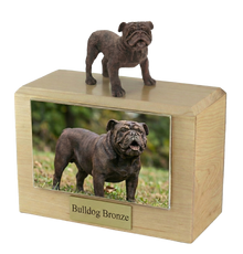 Wooden Pet Urn with Standing Bronze Bulldog Figurine & 4x6 Inches Photo Holder