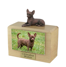 Wooden Pet Urn with Lying Down Bronze Chihuahua Figurine & 4x6 Inches Photo Holder