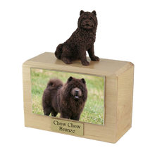 Wooden Pet Urn with Sitting Bronze Chow Chow Figurine & 4x6 Inches Photo Holder