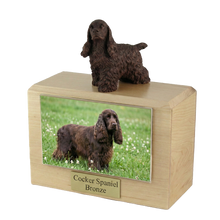 Wooden Pet Urn with Standing Bronze Cocker Spaniel Figurine & 4x6 Inches Photo Holder