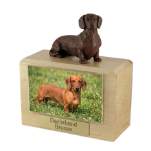 Wooden Pet Urn with Lying Down Bronze Dachshund Figurine & 4x6 Inches Photo Holder